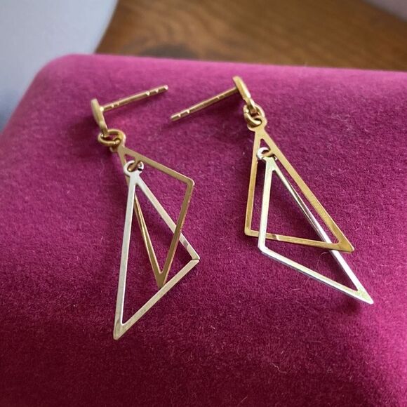 💛 9k Yellow & White Gold Geometric Triangle Dangle Earrings - Picture 2 of 7